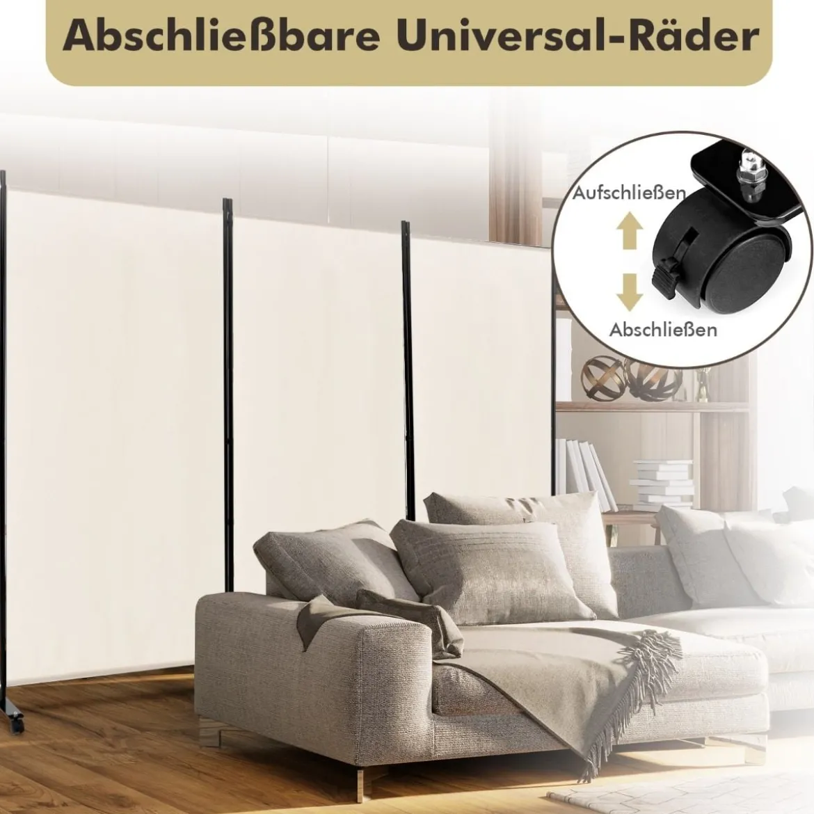 180 cm Raumteiler auf Rädern Klappbarer Paravent mit 3 frei kombinierbaren Paneelen Beige