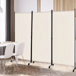 180 cm Raumteiler auf Rädern Klappbarer Paravent mit 3 frei kombinierbaren Paneelen Beige