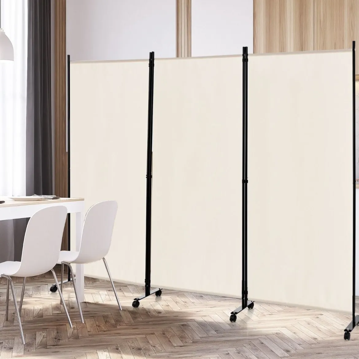 180 cm Raumteiler auf Rädern Klappbarer Paravent mit 3 frei kombinierbaren Paneelen Beige