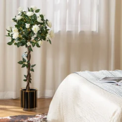 120 cm Rosenbaum mit Weißen Rosen Kunstbaum mit Blüten Künstlicher Blumenbaum