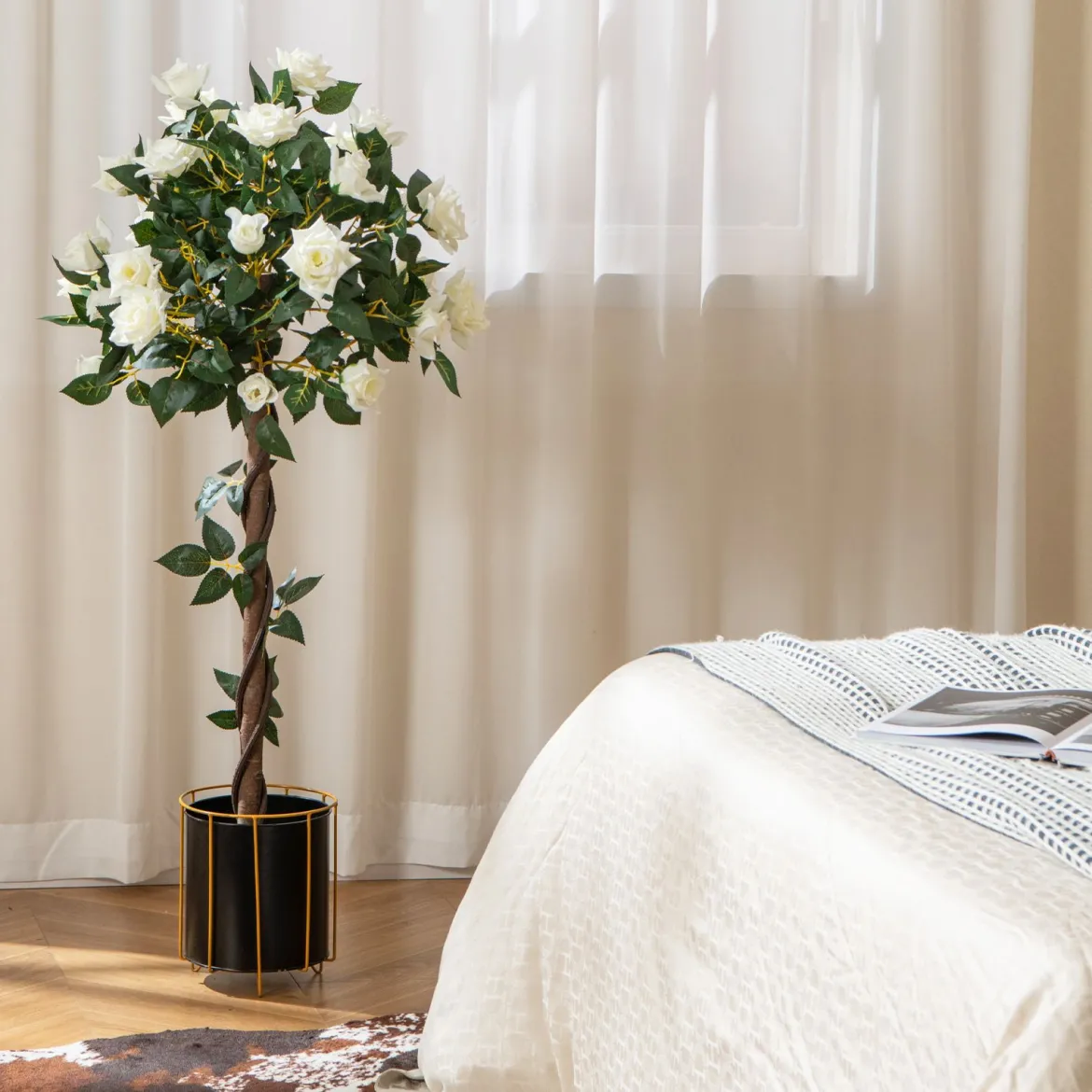 120 cm Rosenbaum mit Weißen Rosen Kunstbaum mit Blüten Künstlicher Blumenbaum