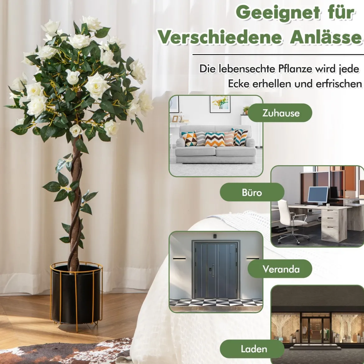 120 cm Rosenbaum mit Weißen Rosen Kunstbaum mit Blüten Künstlicher Blumenbaum