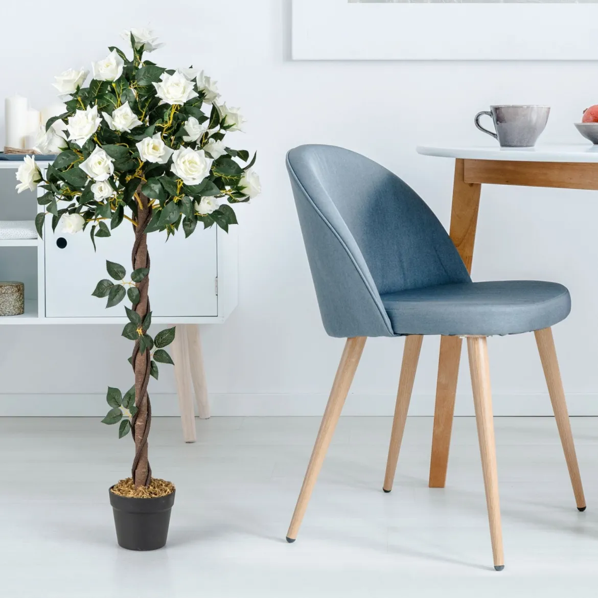 120 cm Rosenbaum mit Weißen Rosen Kunstbaum mit Blüten Künstlicher Blumenbaum
