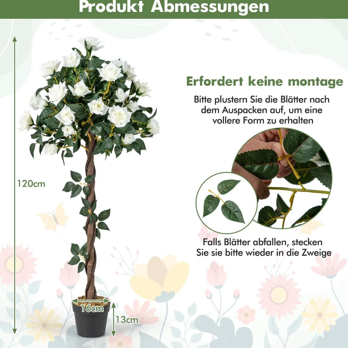 120 cm Rosenbaum mit Weißen Rosen Kunstbaum mit Blüten Künstlicher Blumenbaum