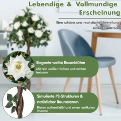 120 cm Rosenbaum mit Weißen Rosen Kunstbaum mit Blüten Künstlicher Blumenbaum