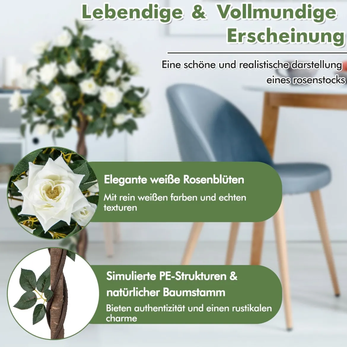 120 cm Rosenbaum mit Weißen Rosen Kunstbaum mit Blüten Künstlicher Blumenbaum