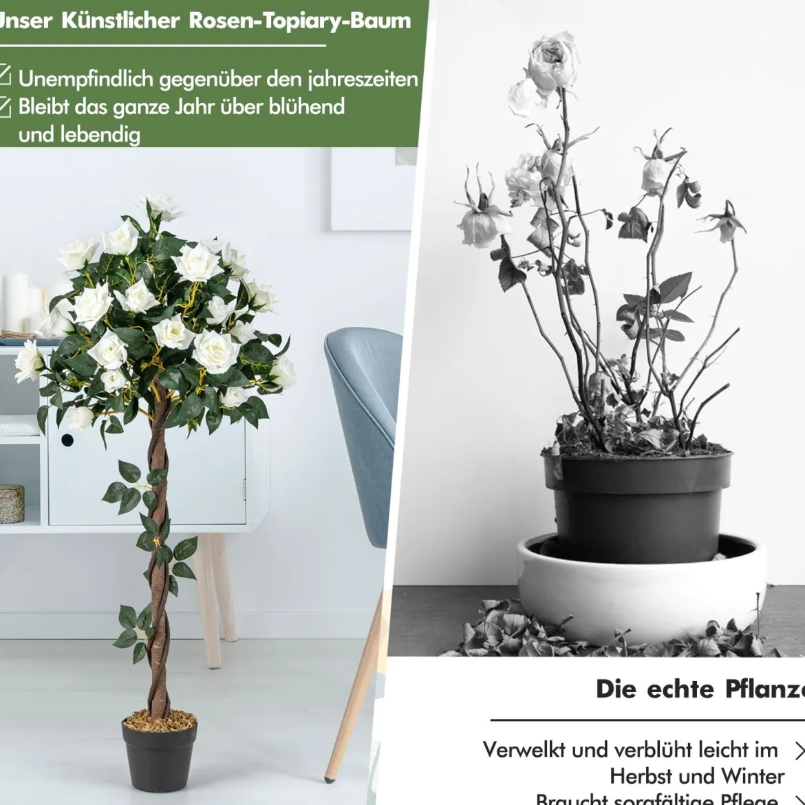 120 cm Rosenbaum mit Weißen Rosen Kunstbaum mit Blüten Künstlicher Blumenbaum