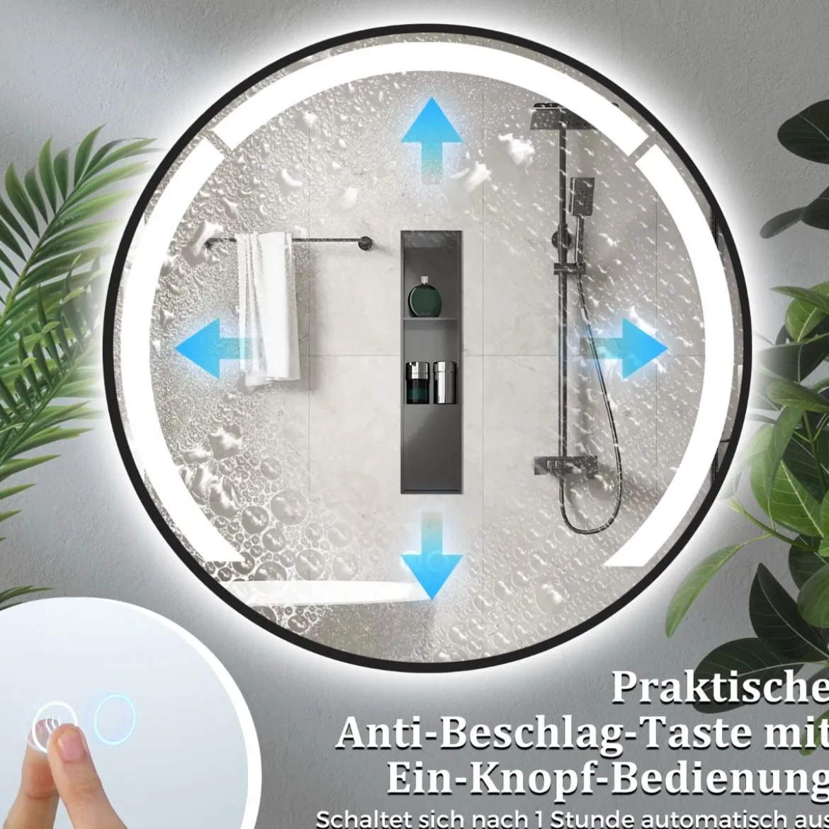 60 cm runder Badezimmerspiegel Badspiegel mit LED-Licht & AluminiumrahmenSchminkspiegel Schwarz
