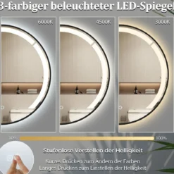 60 cm runder Badezimmerspiegel Badspiegel mit LED-Licht & AluminiumrahmenSchminkspiegel Schwarz