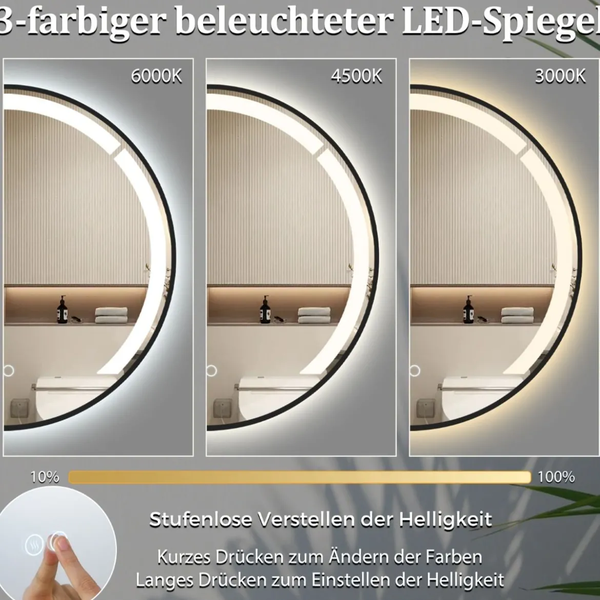 60 cm runder Badezimmerspiegel Badspiegel mit LED-Licht & AluminiumrahmenSchminkspiegel Schwarz