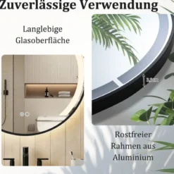 60 cm runder Badezimmerspiegel Badspiegel mit LED-Licht & AluminiumrahmenSchminkspiegel Schwarz
