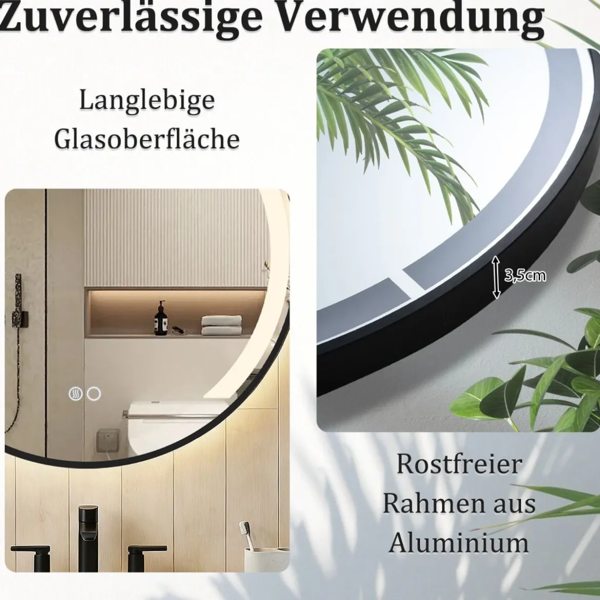 60 cm runder Badezimmerspiegel Badspiegel mit LED-Licht & AluminiumrahmenSchminkspiegel Schwarz