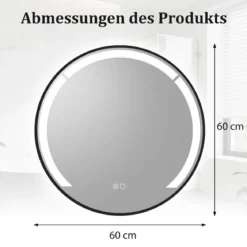 60 cm runder Badezimmerspiegel Badspiegel mit LED-Licht & AluminiumrahmenSchminkspiegel Schwarz