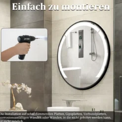 60 cm runder Badezimmerspiegel Badspiegel mit LED-Licht & AluminiumrahmenSchminkspiegel Schwarz