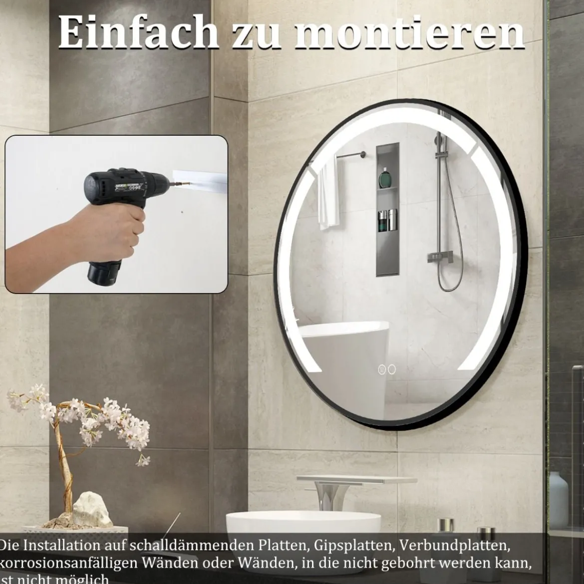 60 cm runder Badezimmerspiegel Badspiegel mit LED-Licht & AluminiumrahmenSchminkspiegel Schwarz