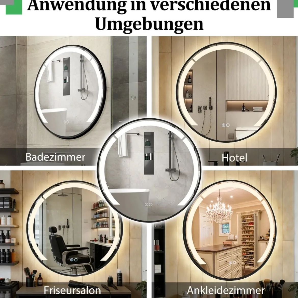 60 cm runder Badezimmerspiegel Badspiegel mit LED-Licht & AluminiumrahmenSchminkspiegel Schwarz