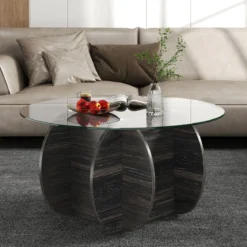 φ89cm Runder Couchtisch mit Gehärteter Glasplatte & Massivholz-Basis Moderner Sofatisch