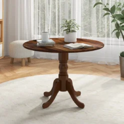 100 cm Runder Esstisch für 4 Küchentisch aus Gummibaumholz mit Sockel Moderner Freizeit-Tisch für Esszimmer Natur/Walnuss