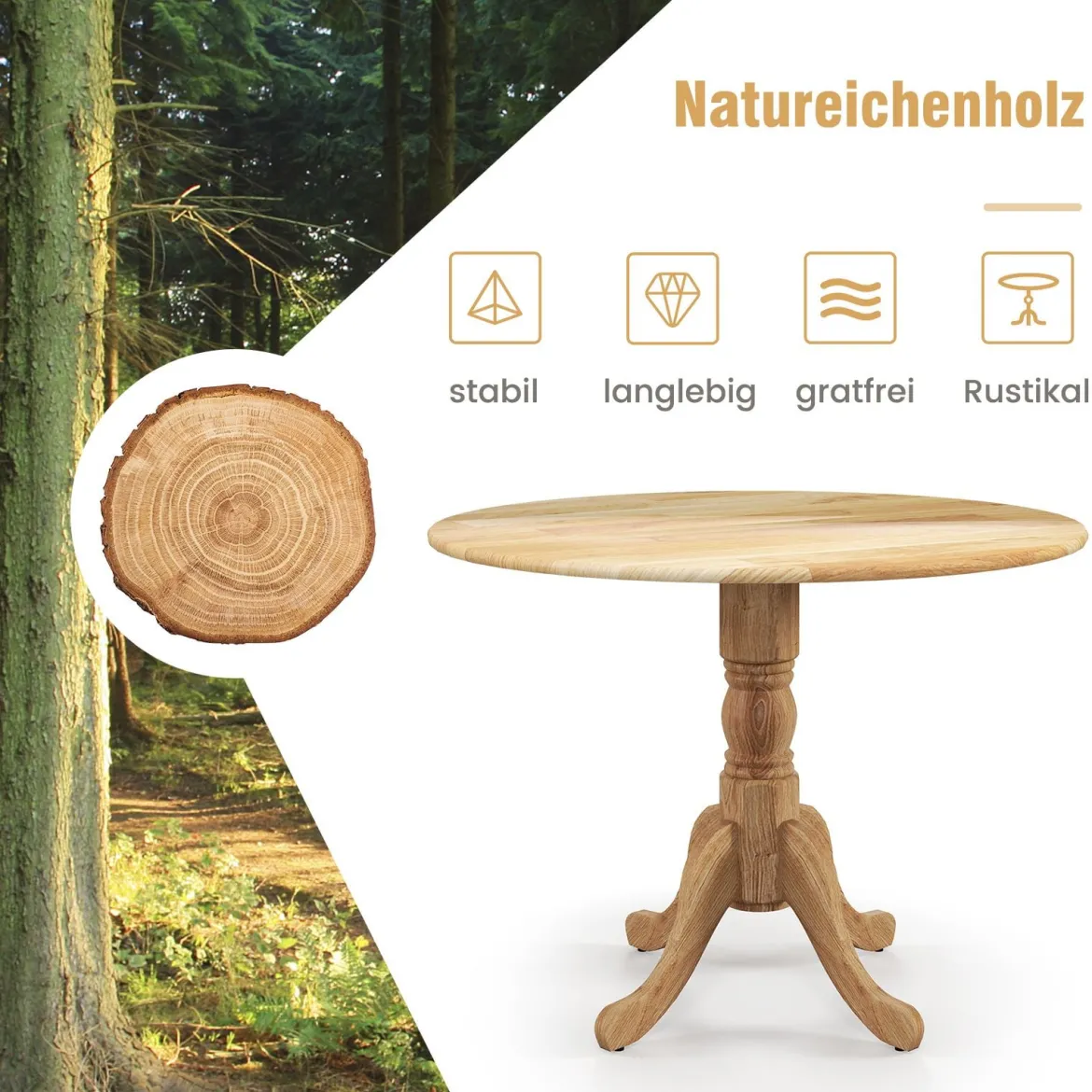 100 cm Runder Esstisch für 4 Küchentisch aus Gummibaumholz mit Sockel Moderner Freizeit-Tisch für Esszimmer Natur/Walnuss