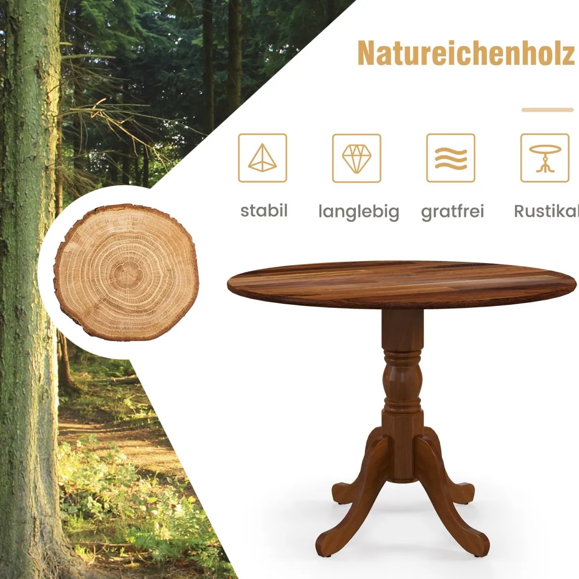 100 cm Runder Esstisch für 4 Küchentisch aus Gummibaumholz mit Sockel Moderner Freizeit-Tisch für Esszimmer Natur/Walnuss