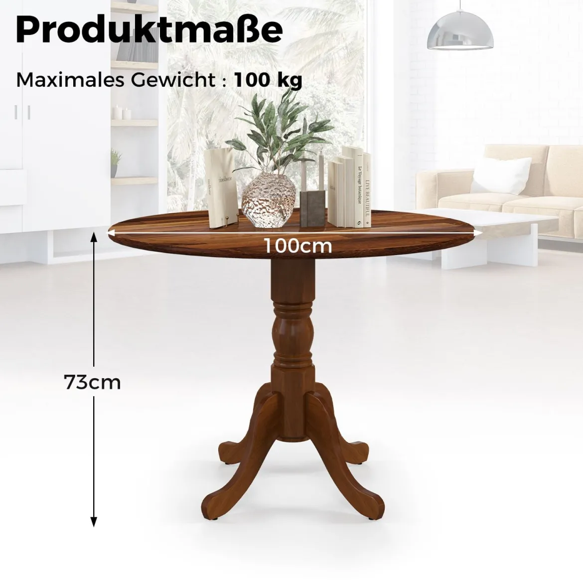 100 cm Runder Esstisch für 4 Küchentisch aus Gummibaumholz mit Sockel Moderner Freizeit-Tisch für Esszimmer Natur/Walnuss