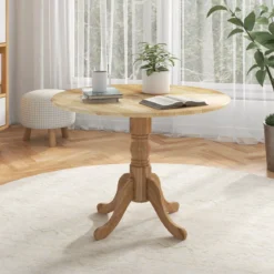 100 cm Runder Esstisch für 4 Küchentisch aus Gummibaumholz mit Sockel Moderner Freizeit-Tisch für Esszimmer Natur/Walnuss