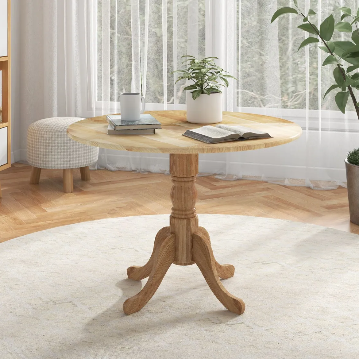 100 cm Runder Esstisch für 4 Küchentisch aus Gummibaumholz mit Sockel Moderner Freizeit-Tisch für Esszimmer Natur/Walnuss