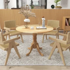 100 cm Runder Esstisch für 4 Küchentisch aus Gummibaumholz mit Sockel Moderner Freizeit-Tisch für Esszimmer Natur/Walnuss