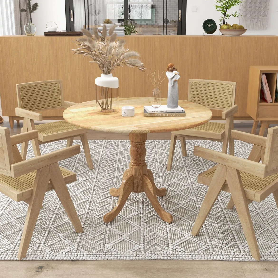 100 cm Runder Esstisch für 4 Küchentisch aus Gummibaumholz mit Sockel Moderner Freizeit-Tisch für Esszimmer Natur/Walnuss