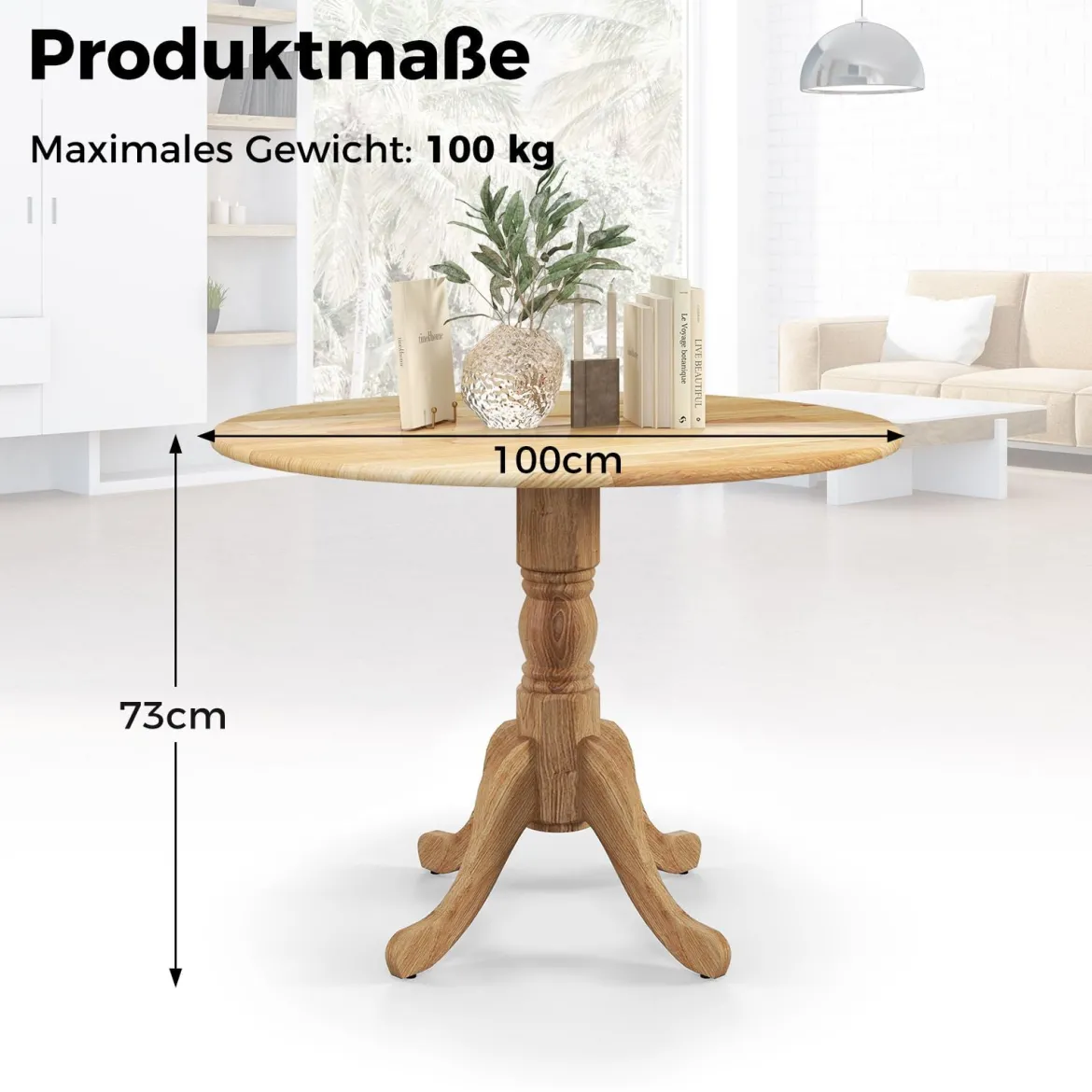 100 cm Runder Esstisch für 4 Küchentisch aus Gummibaumholz mit Sockel Moderner Freizeit-Tisch für Esszimmer Natur/Walnuss