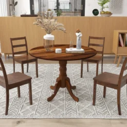 100 cm Runder Esstisch für 4 Küchentisch aus Gummibaumholz mit Sockel Moderner Freizeit-Tisch für Esszimmer Natur/Walnuss
