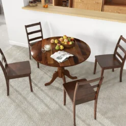100 cm Runder Esstisch für 4 Küchentisch aus Gummibaumholz mit Sockel Moderner Freizeit-Tisch für Esszimmer Natur/Walnuss