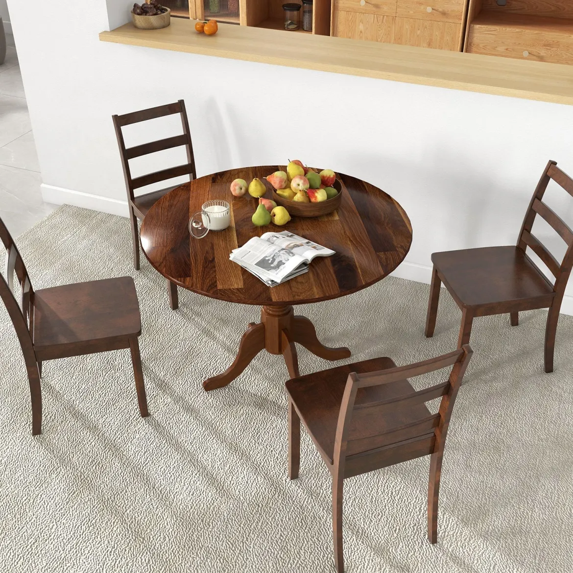 100 cm Runder Esstisch für 4 Küchentisch aus Gummibaumholz mit Sockel Moderner Freizeit-Tisch für Esszimmer Natur/Walnuss