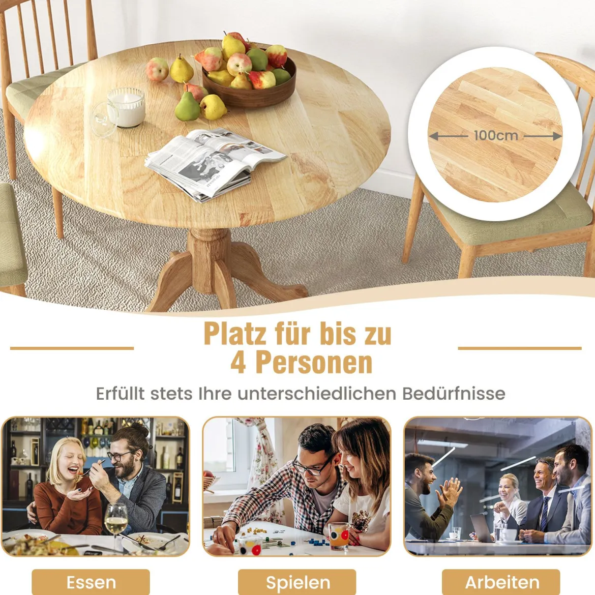 100 cm Runder Esstisch für 4 Küchentisch aus Gummibaumholz mit Sockel Moderner Freizeit-Tisch für Esszimmer Natur/Walnuss