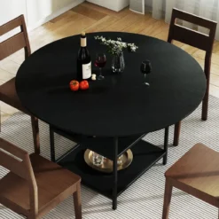 120 cm Runder Esstisch für 4-6 Personen mit 2-lagigem Ablagefach & Metallgestell Küchentisch Schwarz
