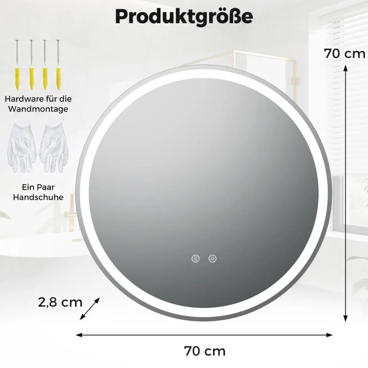 70 cm runder LED-beleuchteter Spiegel Badezimmerspiegel mit einstellbarer Helligkeit
