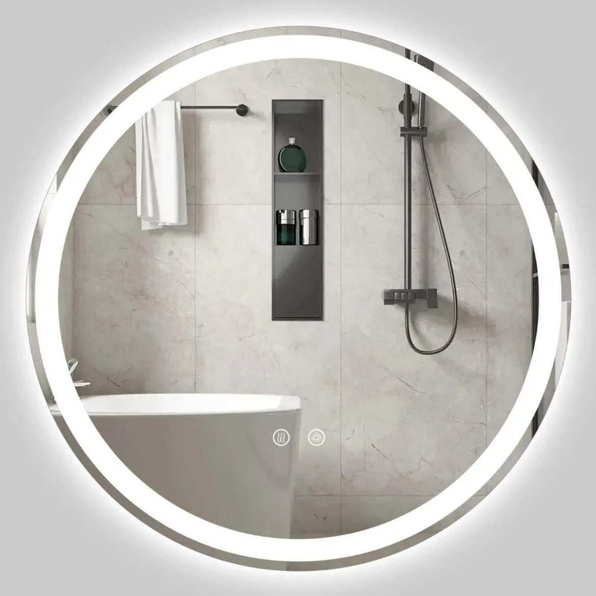 60 cm runder LED-beleuchteter Spiegel Badezimmerspiegel mit einstellbarer Helligkeit Silber