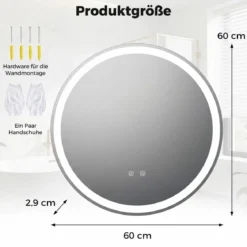 60 cm runder LED-beleuchteter Spiegel Badezimmerspiegel mit einstellbarer Helligkeit Silber