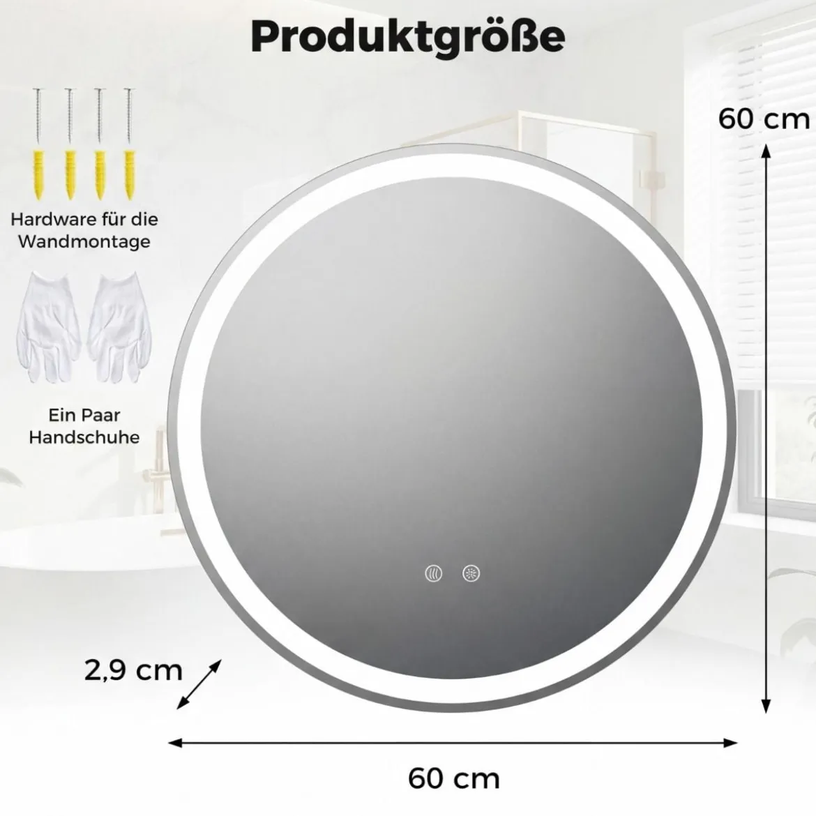 60 cm runder LED-beleuchteter Spiegel Badezimmerspiegel mit einstellbarer Helligkeit Silber