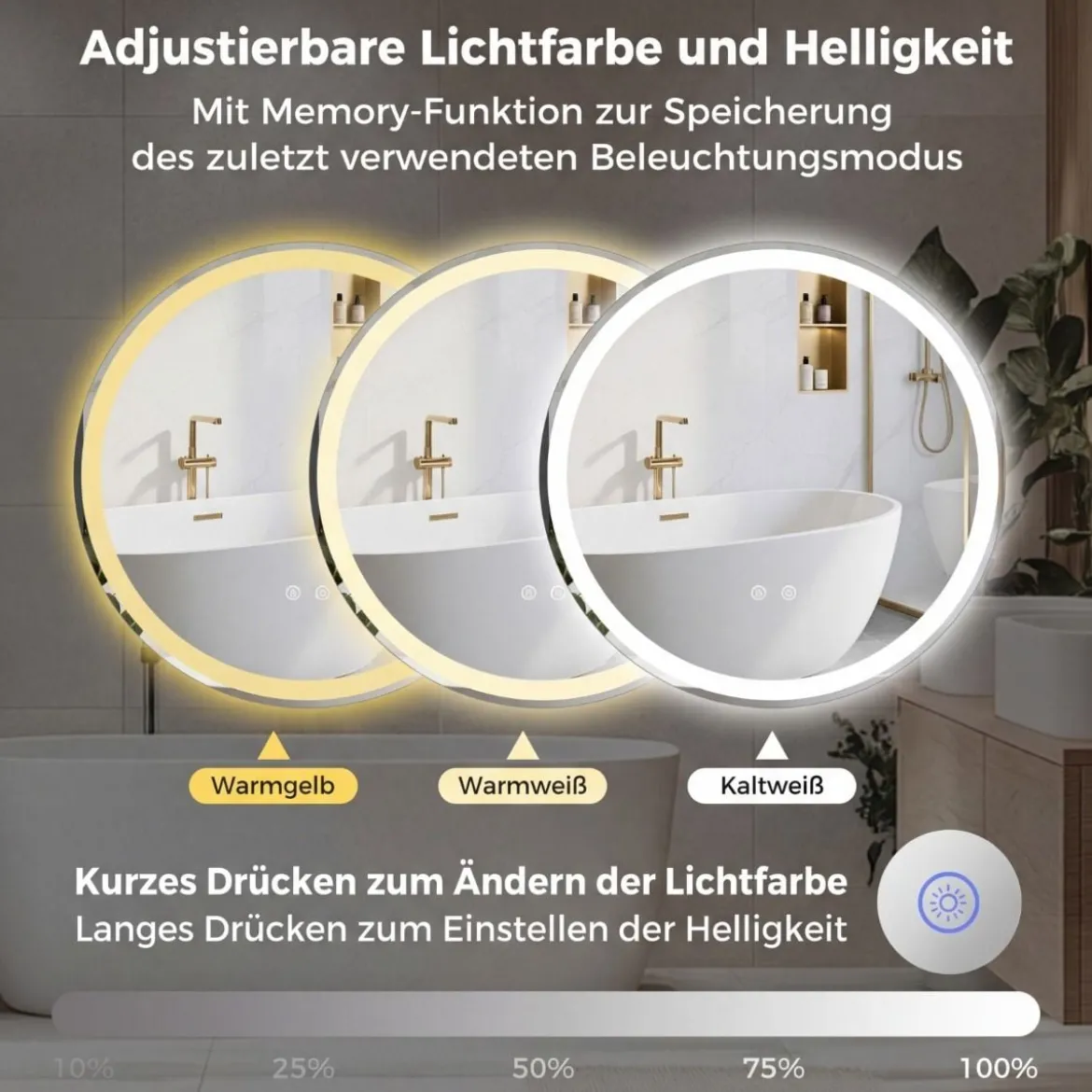 60 cm runder LED-beleuchteter Spiegel Badezimmerspiegel mit einstellbarer Helligkeit Silber