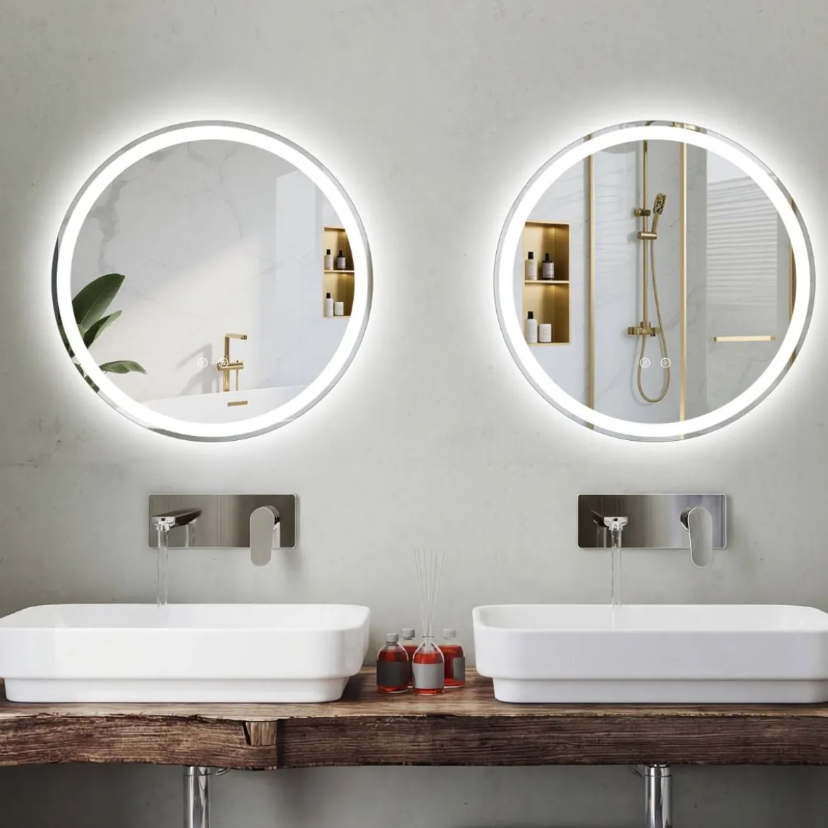 60 cm runder LED-beleuchteter Spiegel Badezimmerspiegel mit einstellbarer Helligkeit Silber