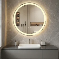 60 cm runder LED-beleuchteter Spiegel Badezimmerspiegel mit einstellbarer Helligkeit Silber