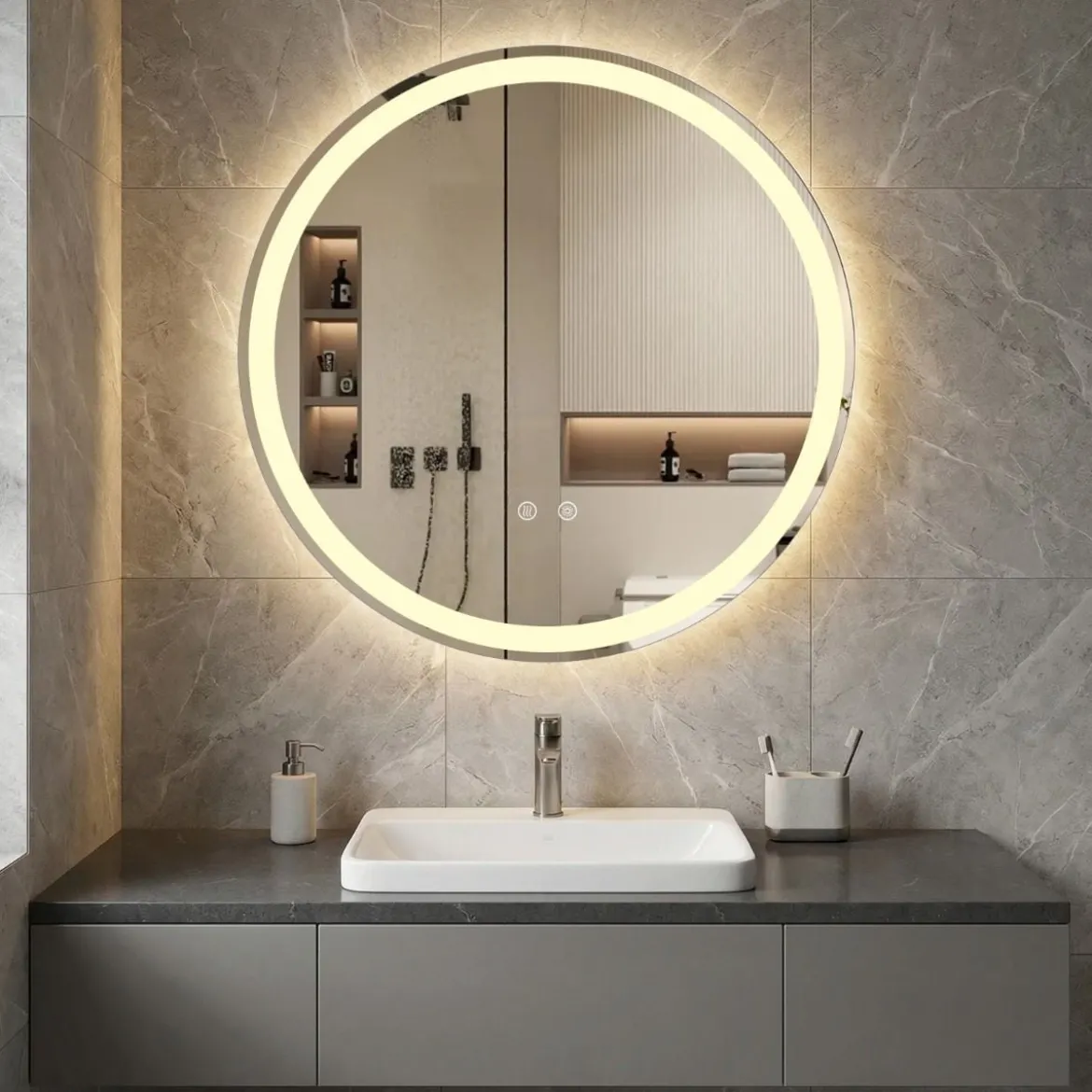 60 cm runder LED-beleuchteter Spiegel Badezimmerspiegel mit einstellbarer Helligkeit Silber
