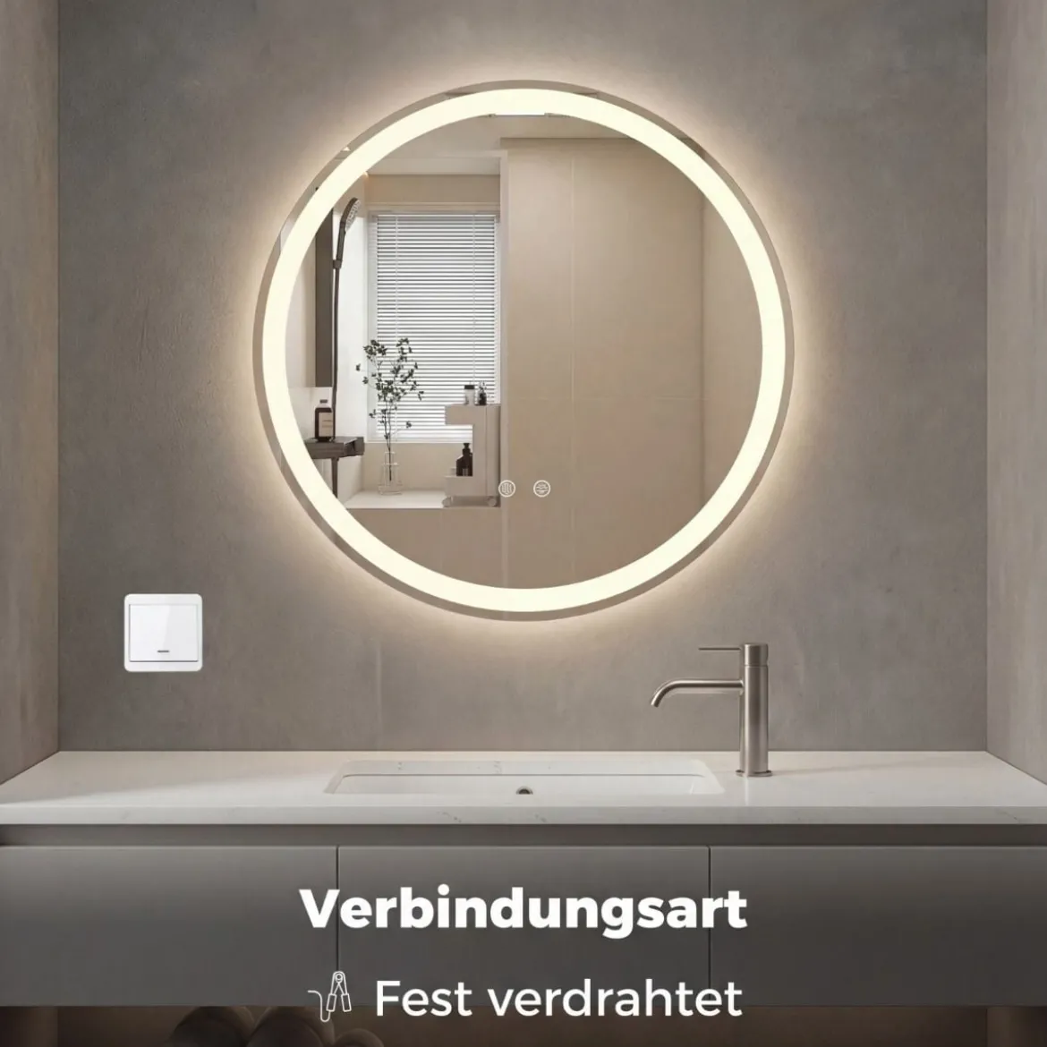 60 cm runder LED-beleuchteter Spiegel Badezimmerspiegel mit einstellbarer Helligkeit Silber