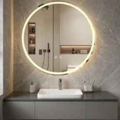 Ø80 cm Runder LED-beleuchteter Spiegel mit Einstellbarer Helligkeit & Touch-Schalter