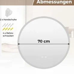 Ø70 cm Runder Spiegel mit Beleuchtung & Anti-Beschlag Wandspiegel mit 3 Lichtfarben