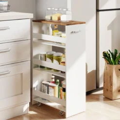 25 cm Schlanker Küchenwagen mit Ladestation 4-stufiger Rollbarer Küchenorganizer Weiß & Rustikal Braun
