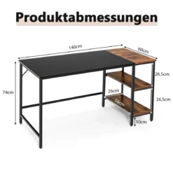 140 cm Schreibtisch mit Ablageflächen & Spleißplatte Computertisch Bürotisch PC-Tisch Braun