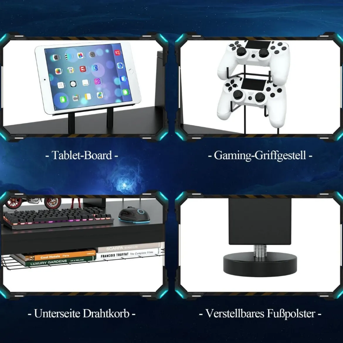 140cm Schreibtisch mit Monitorablage Computertisch Gaming Tisch mit Getränkehalter Kopfhörerhaken Schwarz