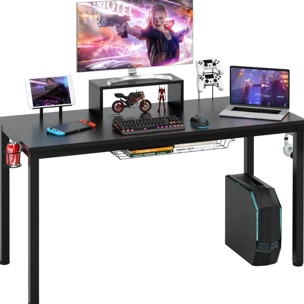140cm Schreibtisch mit Monitorablage Computertisch Gaming Tisch mit Getränkehalter Kopfhörerhaken Schwarz
